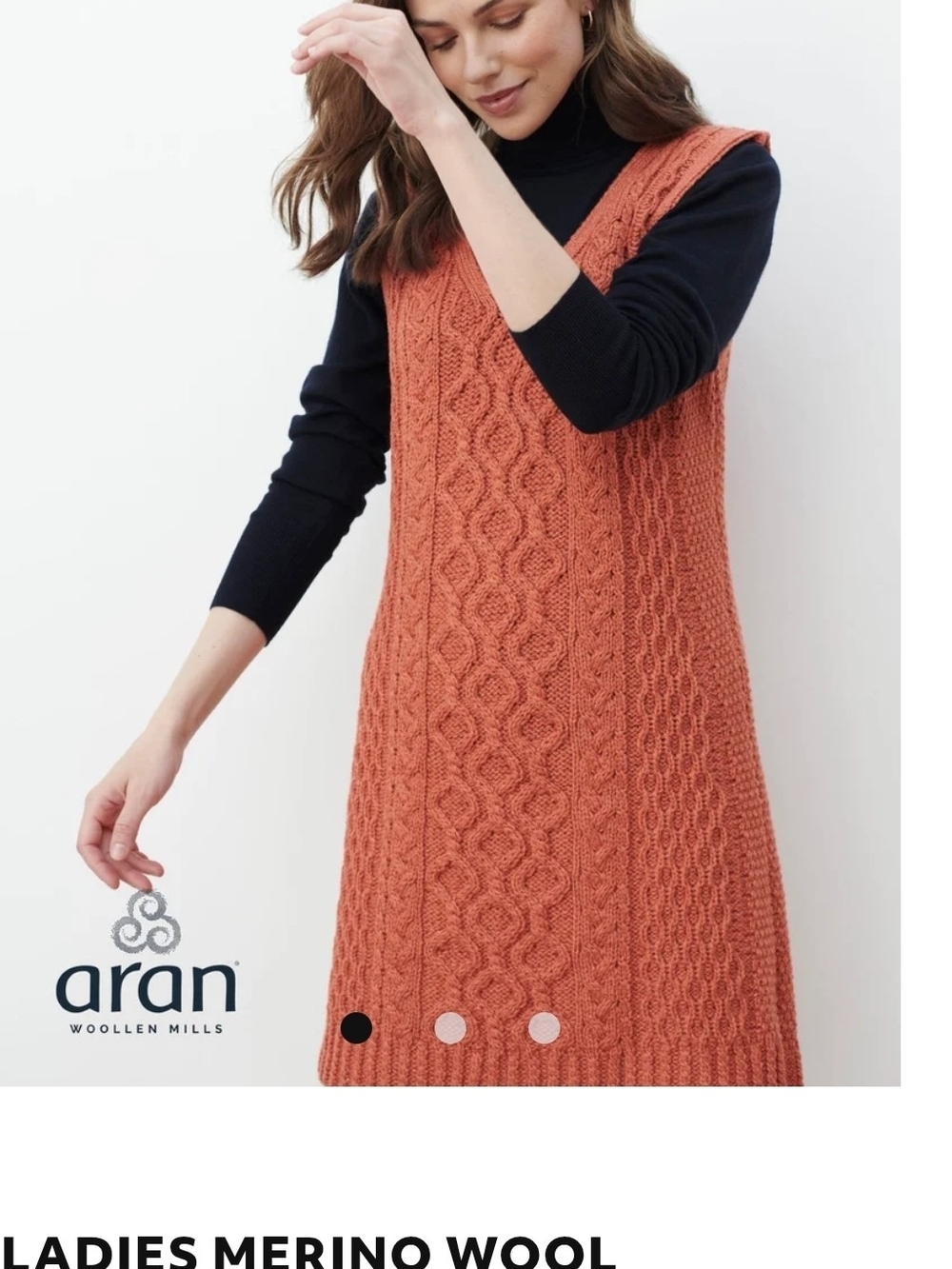 Aran Ladies Merino Wool Cable Knit Mini Dress in Rust